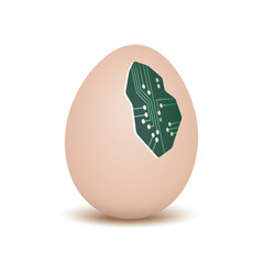 Egg with computer processor chip inside. Artifical life, new science technology trends, insemitation, cyber future, robot, bio chemistry experiments, innovations, AI, unusual easter egg concepts