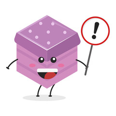 Cute flat cartoon cube cake holding a sign illustration. Vector illustration of a cute cube cake with a smiling expression. Cute cake with a sign mascot design