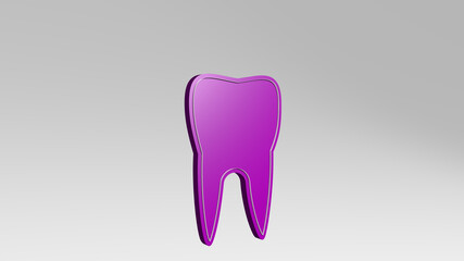 TOOTH made by 3D illustration of a shiny metallic sculpture on a wall with light background. dental and care