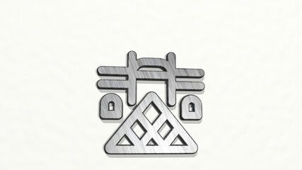 landmark louvre on the wall. 3D illustration of metallic sculpture over a white background with mild texture. architecture and city