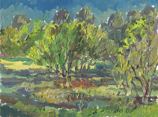 summer landscape with bushes and stream painting