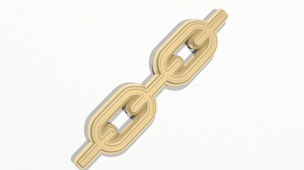 CHAIN made by 3D illustration of a shiny metallic sculpture on a wall with light background. concept and business