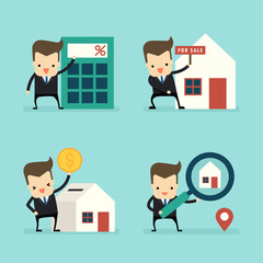 set of businessman in home loans and sale concept vector