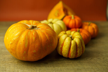 Variety of squash and pumpkins on a rustic timber wooden surface