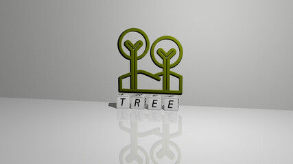 3D representation of tree with icon on the wall and text arranged by metallic cubic letters on a mirror floor for concept meaning and slideshow presentation. background and christmas