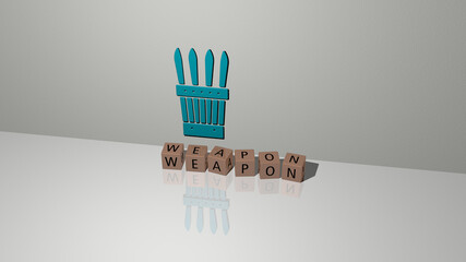 3D illustration of WEAPON graphics and text made by metallic dice letters for the related meanings of the concept and resentations. background and army
