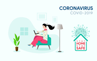 New normal lifestyle concept. Young woman working or study at home. Self-quarantine to prevent coronavirus / COVID-19.
