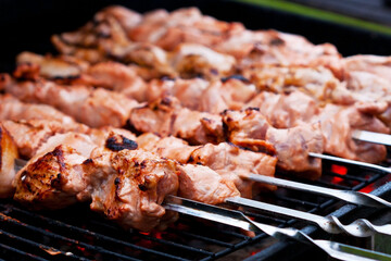 Grilled kebab cooking on metal skewers (grill)