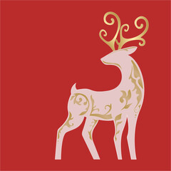 The silhouette of the deer postcard christmas red background.Vector illustration.