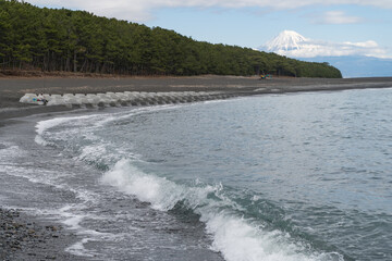 三保の松原からの太平洋と松と富士山の風景