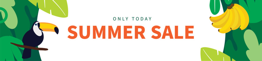 Summer abstract background designs with toucan, banana, sale, social media promotional banner. Vector illustration