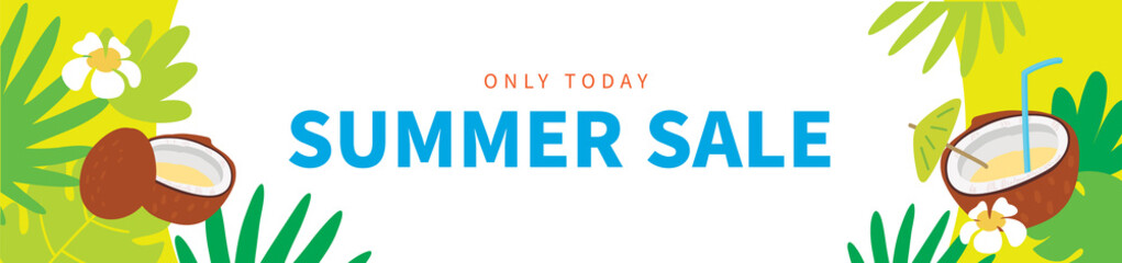 Summer abstract background designs with coconut, tropical flowers, sale, social media promotional content, banner. Vector illustration