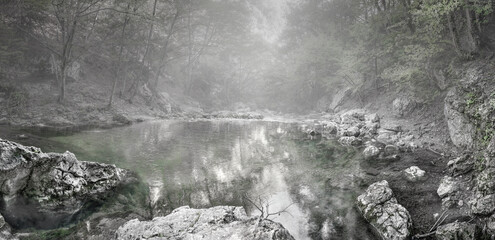 Fog on the Auzun-Uzen river, the Great Crimean Kanyen, Crimea peninsula, Bakhchisarai district, Sokolinoe village