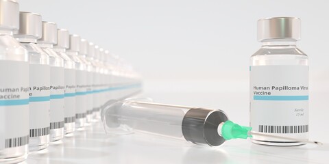 Vials with human papilloma virus HPV vaccine and a syringe. 3D rendering