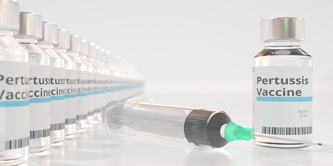Vials with pertussis vaccine and a syringe. 3D rendering