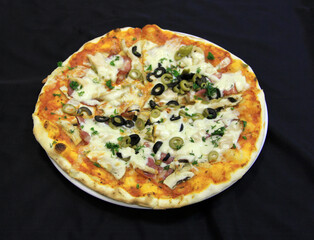 Meat pizza with cheese, olives and dill on a white plate, close up