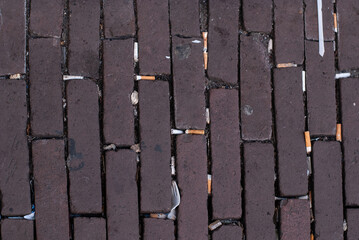 Paving stones on the street with many cigarette butts and plastic trash