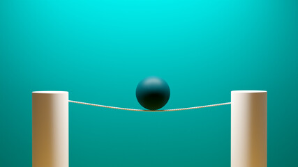 3d black ball balancing on a tightrope between two white pillars