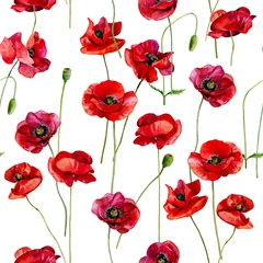 Wall murals Poppies Watercolor scarlet poppies seamless pattern on a white background.