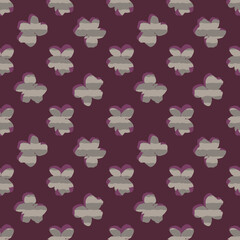 Abstract seamless vector pattern with striped flower silhouettes on burgundy background. Suitable for fashion fabrics, wallpapers, curtains, upholstery and wrapping paper. 