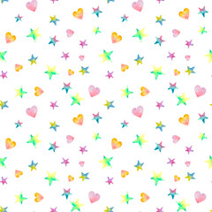 Fototapeta na wymiar Watercolor multicolored stars and hearts. Seamless pattern. Isolated on white background. Perfect for printing on the fabric, design package and cover