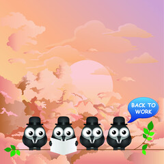 Comical back to work bird businessmen following COVID 19 economic shutdown set against a stunning dawn sky background