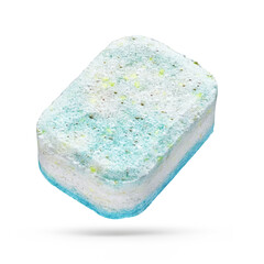 Turquoise dishwasher detergent tablet isolated on white background