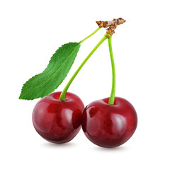 Two cherries with leaf isolated on white background.