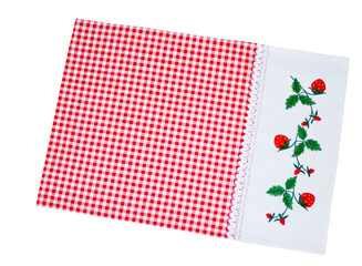 red and white checkered table mat with embroidered strawberries