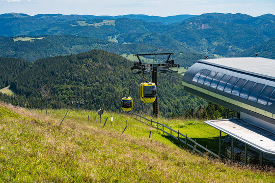 Beautiful view from the Mountain (Belchen) near Freiburg on the beautiful landscape of the Black Forest and the (Belchenbahn) ropeway.