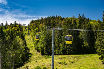 Beautiful view from the Mountain (Belchen) near Freiburg on the beautiful landscape of the Black Forest and the (Belchenbahn) ropeway.