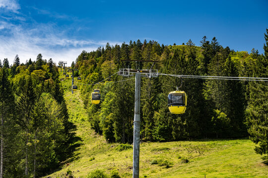 Beautiful view from the Mountain (Belchen) near Freiburg on the beautiful landscape of the Black Forest and the (Belchenbahn) ropeway.
