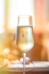 A misted glass of champagne with drops of water on a blurry background in warm colors