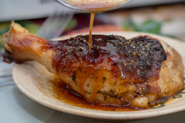 Baked chicken dish with honey and herbs.