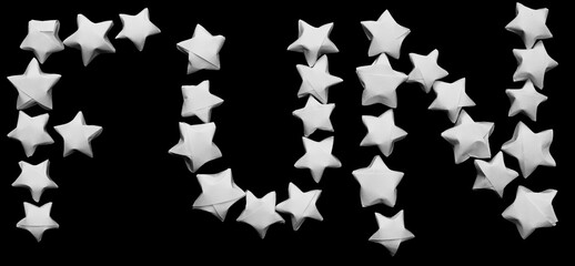 The inscription "FUN" of white paper stars on a black background