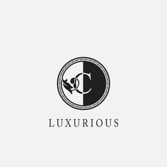 Circle C Letter Logo Icon. Classy Vintage Ornate Leaf Shape design on black and white color for business initial like fashion, jewelry, beauty salon, cosmetics, spa, hotel and restaurant