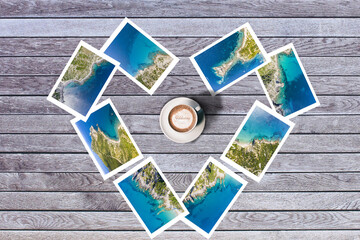 Fototapeta na wymiar composition of some beach vacation photos distributed on the wooden table