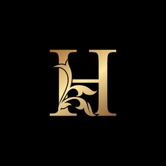 Golden Luxury Letter H Initial Logo Icon Template Design. Monogram ornate nature floral leaf with initial letter