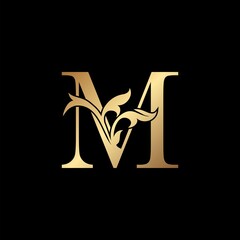 Golden Luxury Letter M Initial Logo Icon Template Design. Monogram ornate nature floral leaf with initial letter