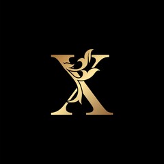 Golden Luxury Letter X Initial Logo Icon Template Design. Monogram ornate nature floral leaf with initial letter