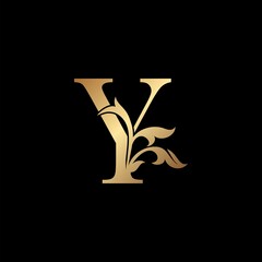 Golden Luxury Letter Y Initial Logo Icon Template Design. Monogram ornate nature floral leaf with initial letter