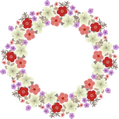 Floral round frame from cute flowers of  buttercups. Greeting card template. Design artwork for the poster, tee shirt, pillow, home decor. Summer flowers with green leaves.