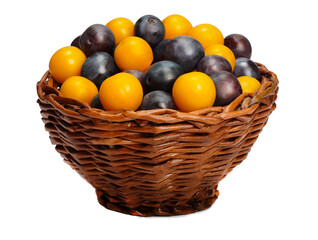 Plum and cherry plums in basket isolated on white background