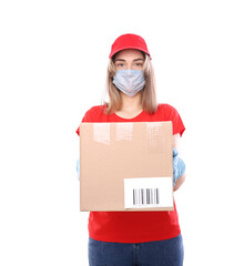 Courier woman in mask and gloves with box isolated on white. Courier catering. Post office. Stay at home