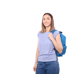 Happy schoolgirl with a blue briefcase, isolated on a white background. Back to School