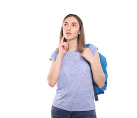 Pensive, beautiful girl with a backpack, isolated on white. Schoolgirl