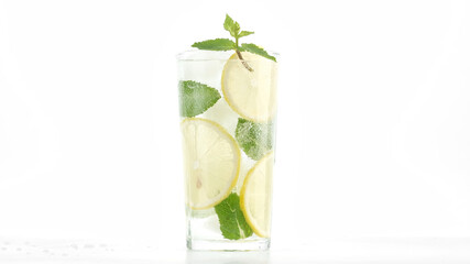 sparkling water in glass with ice, lemon and mint. Refreshing drink with sparkling water, lemon and mint, lemonade