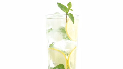 lemonade. sparkling water in glass with ice, lemon and mint. Refreshing drink with sparkling water, lemon and mint