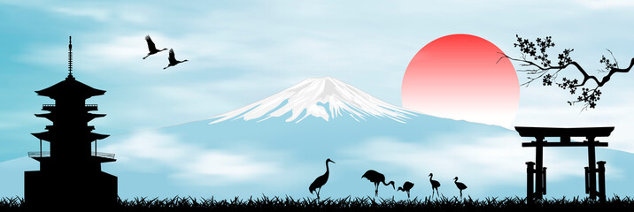 Tôt le matin au Japon le mont Fuji. Paysage avec le Mont Fuji. Soleil levant. Ciel bleu. Pagode japonaise, branche de sakura, porte et oiseaux