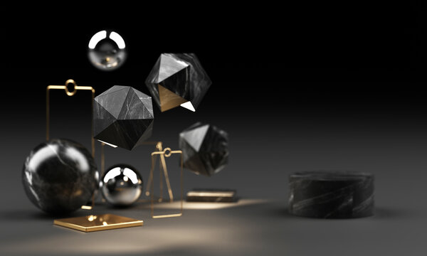 Black marble texture geometric shape and gold with stainless with colour glass object group set 3d render abstract scene blank podium with black background